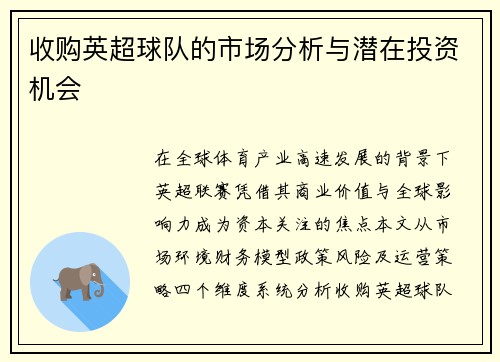 收购英超球队的市场分析与潜在投资机会