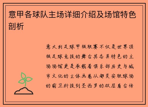 意甲各球队主场详细介绍及场馆特色剖析