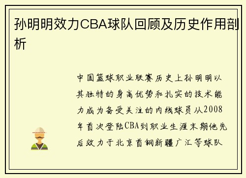 孙明明效力CBA球队回顾及历史作用剖析